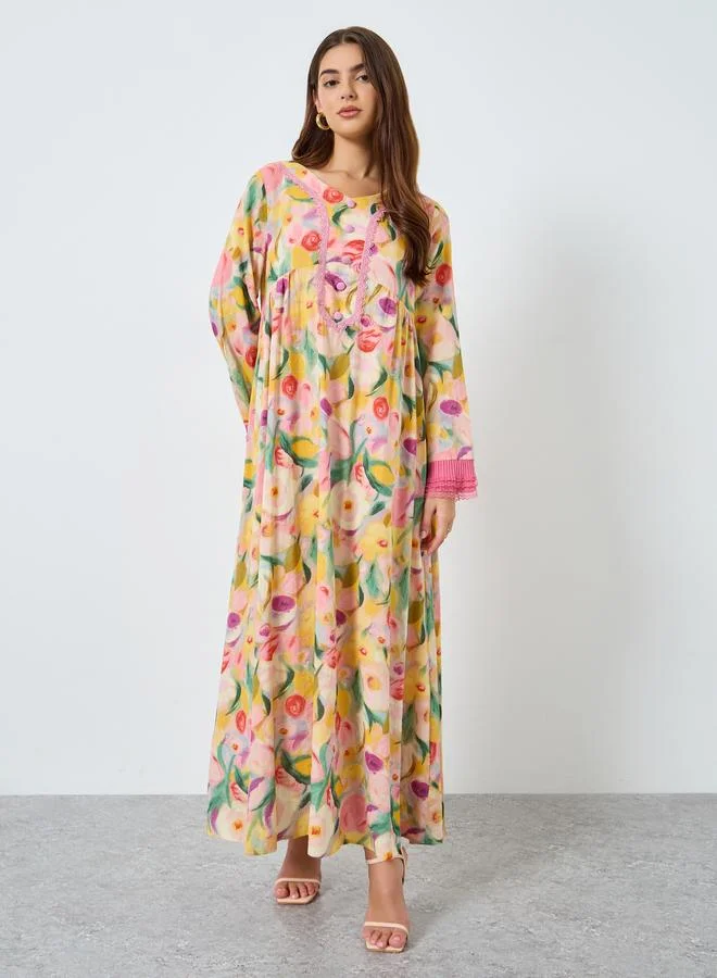 Take Two Floral Printed Patchwork Lace Detail Maxi Dress