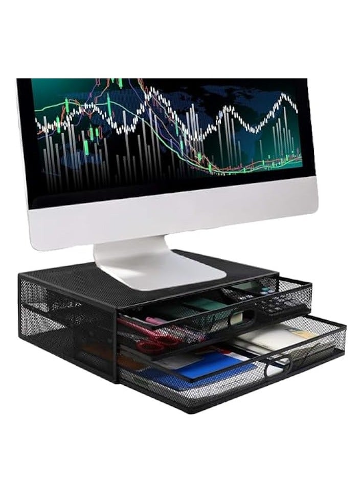 Green Tiger Monitor Stand Riser with Drawer Metal Mesh Desk Organizer - Dual Pull Out Storage Drawer for Computer, PC, Laptop, Printer, Notebook, iMac - Desktop Storage for Office School Home (Black) - Image 1
