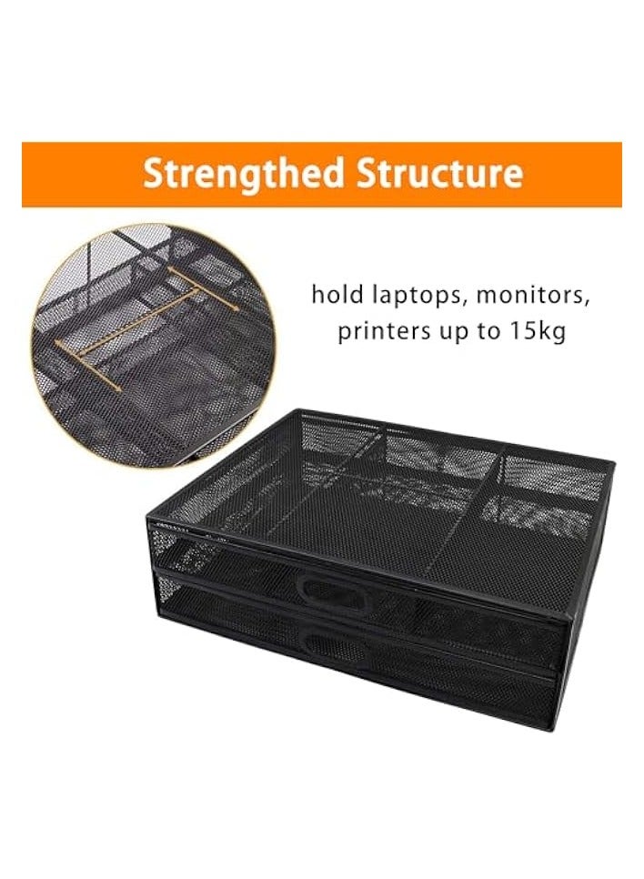 Green Tiger Monitor Stand Riser with Drawer Metal Mesh Desk Organizer - Dual Pull Out Storage Drawer for Computer, PC, Laptop, Printer, Notebook, iMac - Desktop Storage for Office School Home (Black) - Image 3