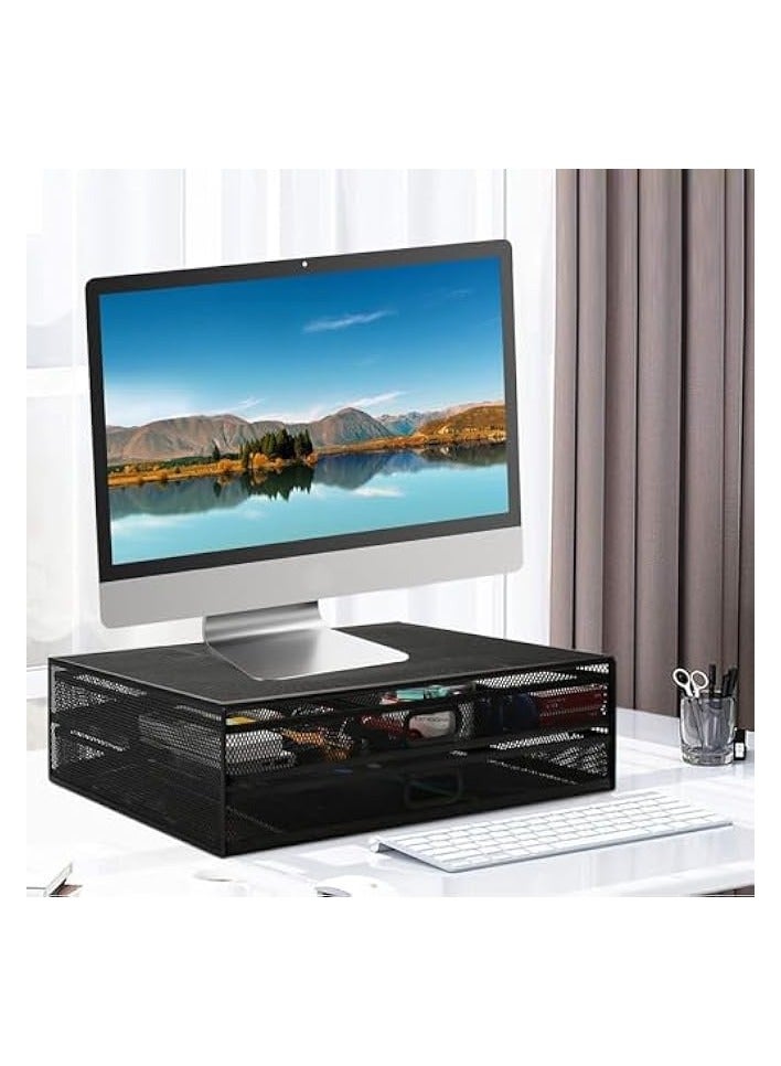 Green Tiger Monitor Stand Riser with Drawer Metal Mesh Desk Organizer - Dual Pull Out Storage Drawer for Computer, PC, Laptop, Printer, Notebook, iMac - Desktop Storage for Office School Home (Black) - Image 2
