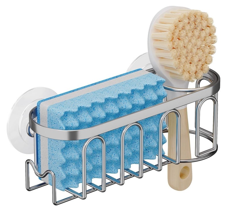 TESOT Sink Caddy Sponge Holder for Kitchen Sink 2 Suspension OptionsSuction Cups and Adhesive Hook SUS304 Stainless Steel Silver