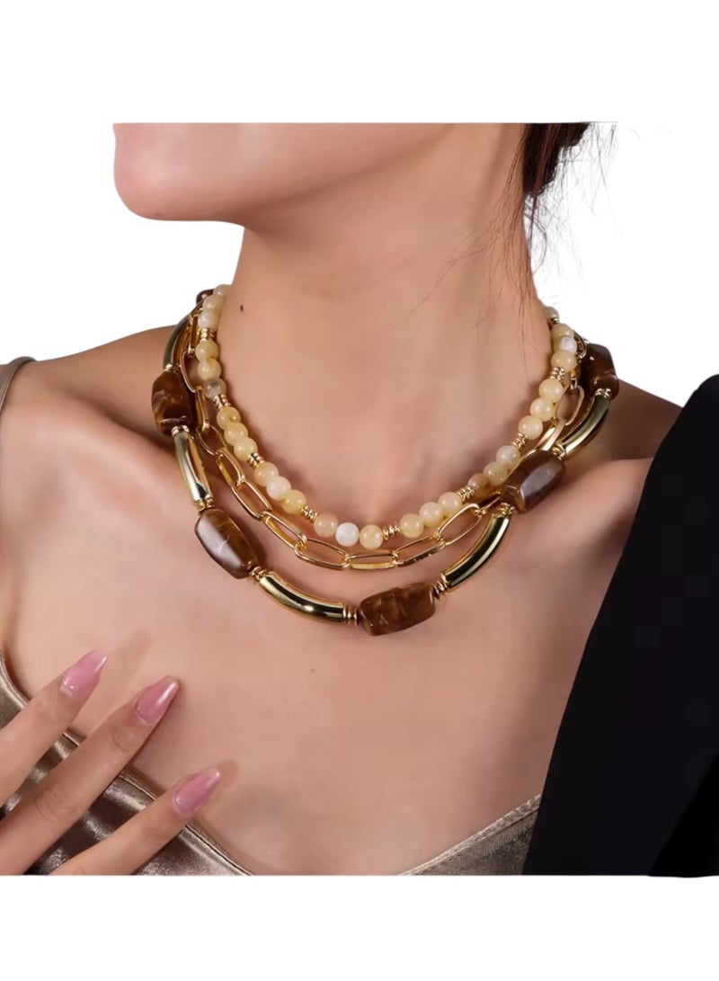 ANUM BY MUNA Luxury Handmade Necklace with Beige & Brown Stones and Gold Accents - Image 2