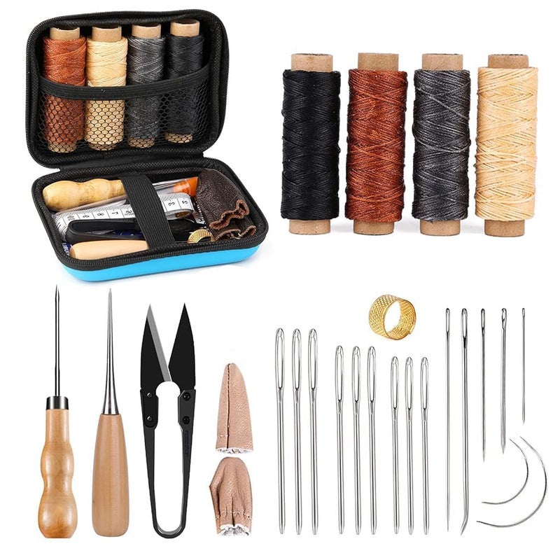 SIMXEN DIY Leather Sewing Tools Hand Stitching Tool Set with Groover Awl Waxed Thread Thimble Kit- (Multicolor) - Image 1
