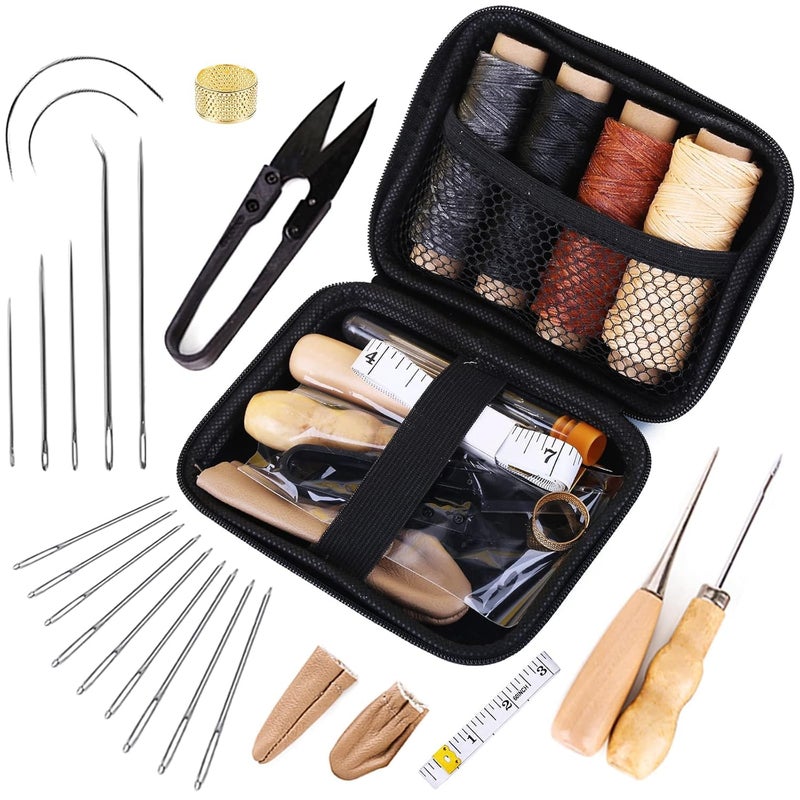 SIMXEN DIY Leather Sewing Tools Hand Stitching Tool Set with Groover Awl Waxed Thread Thimble Kit- (Multicolor) - Image 2