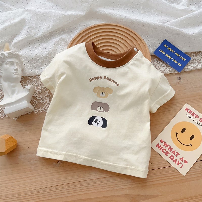 Korean Style Baby Clothes 2024 Summer New 1-3 Years Old Baby Boy Cotton Two-Piece Thin Class A Outfit o Beige coffee collar [short sleeve T-shirt]]