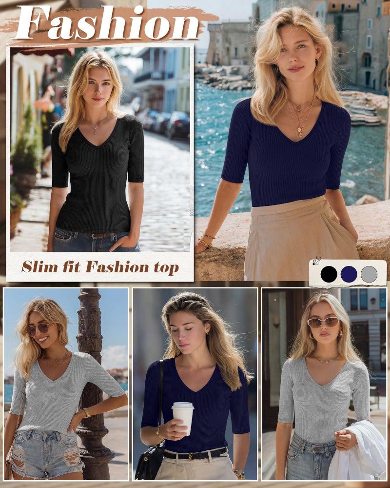 Riyiper 3 Pack Women's Half Sleeve Top Elbow Length Ribbed Cotton T Shirt Women V Neck Summer Tee Slim Fit Casual Blouses(Black, Navy Blue, Light Gray,Medium) - Image 3