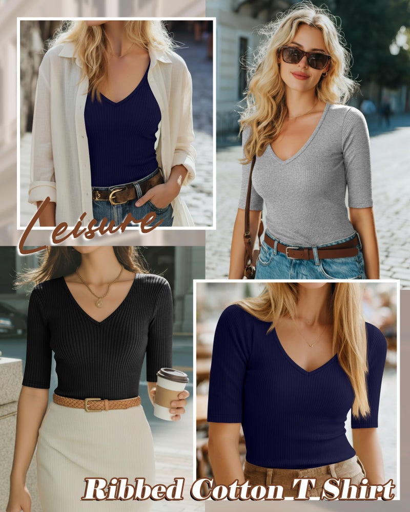 Riyiper 3 Pack Women's Half Sleeve Top Elbow Length Ribbed Cotton T Shirt Women V Neck Summer Tee Slim Fit Casual Blouses(Black, Navy Blue, Light Gray,Medium) - Image 2