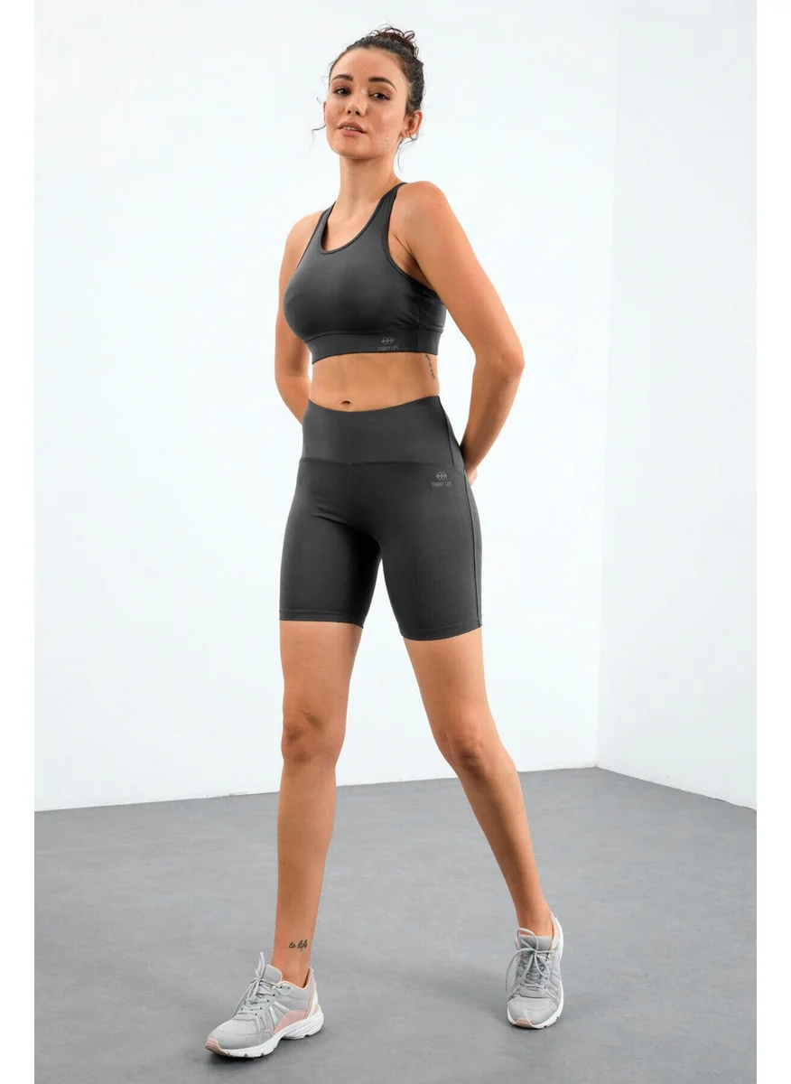 Tommy Life Dark Gray High Waist Slim Fit Bustier Biker Women's Leggings Set - 95303