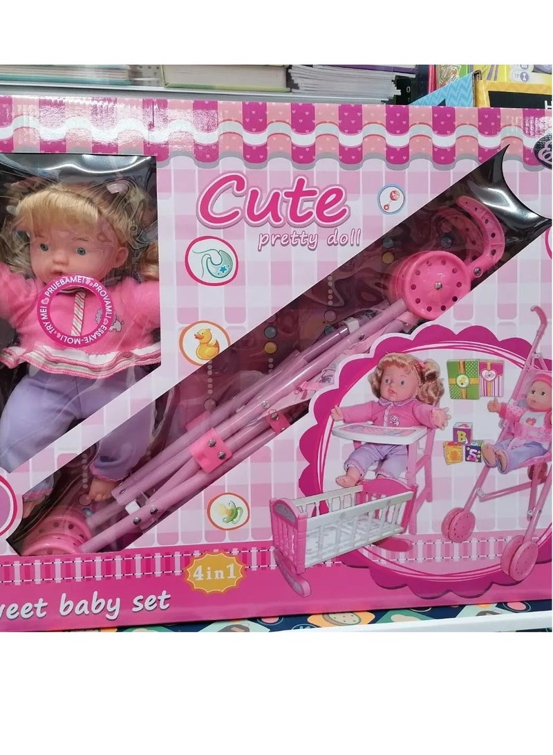 كيكو دمية طفل مع عربة أطفال قابلة للطي، لعبة عربة أطفال تظاهرية للفتيات - Image 1