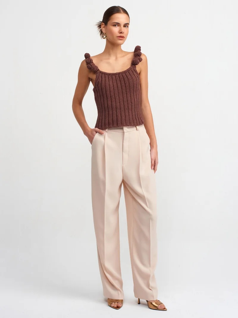 Dilvin 10524 Strappy Handmade Flower Detailed Knitwear Top-Brown