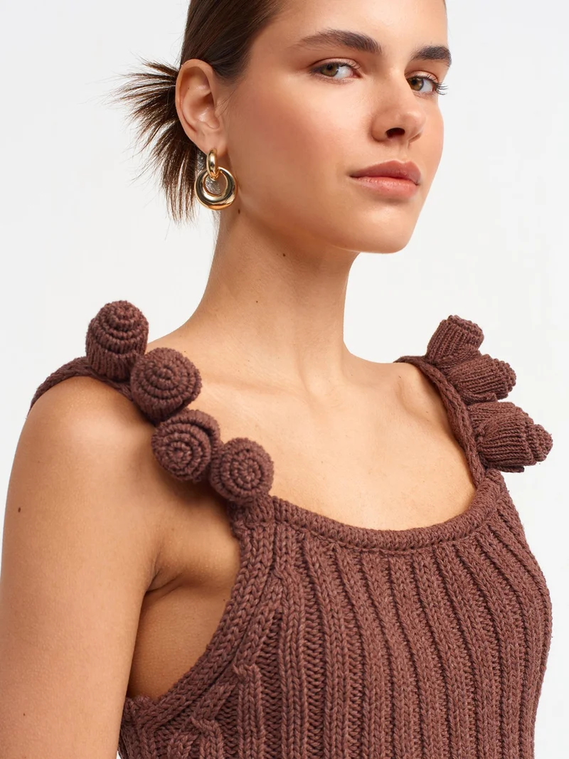Dilvin 10524 Strappy Handmade Flower Detailed Knitwear Top-Brown