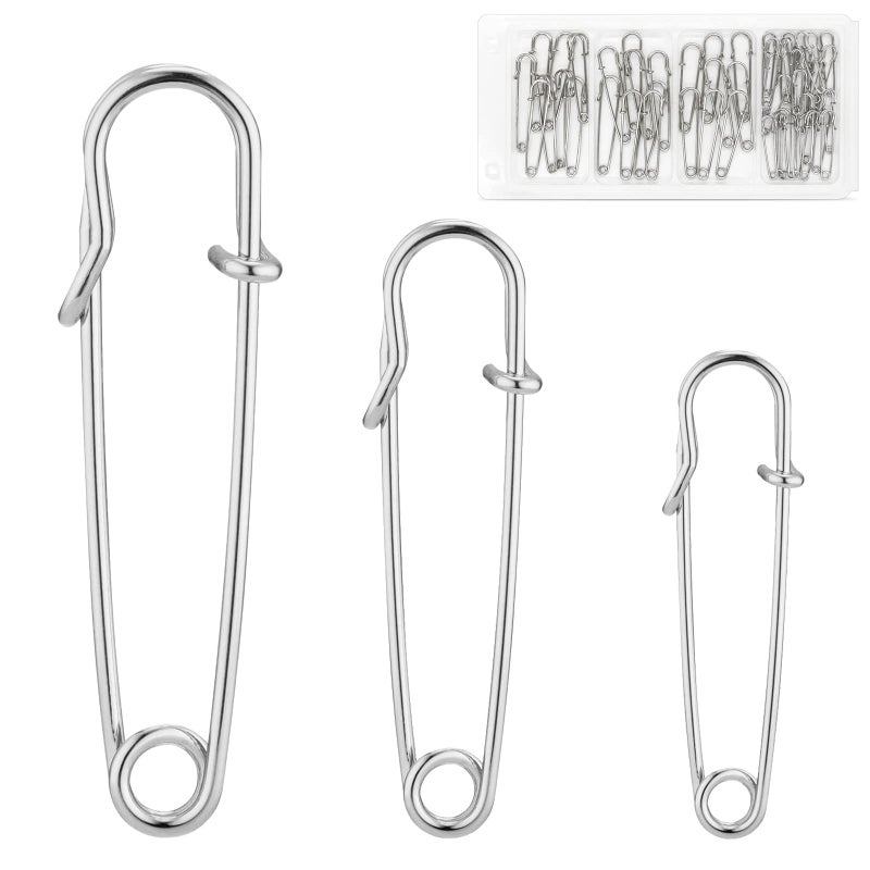 WISYOK 48 Pcs Heavy Duty Safety Pins Assorted Sizes 2 28 3 Large Safety Pins Pack of 48 Strong Sturdy Bulk Pins for Clothes Blankets Crafts Kilts Stainless Steel Wire Extra Sturdy