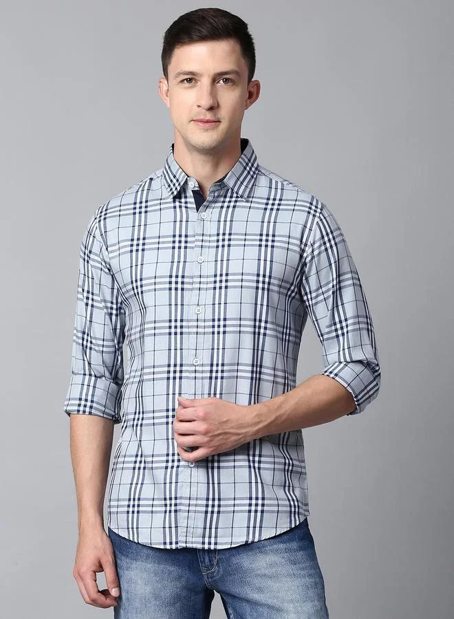 دينيس لينغو Slim Fit Light Grey Men's Checkered Shirt, Spread Collar, Full Sleeves, 100% Cotton