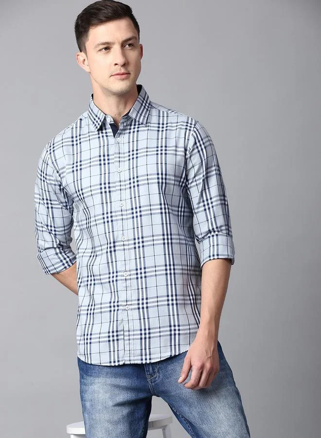 دينيس لينغو Slim Fit Light Grey Men's Checkered Shirt, Spread Collar, Full Sleeves, 100% Cotton