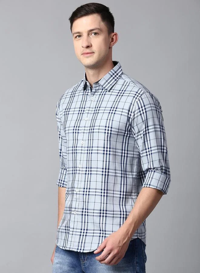 دينيس لينغو Slim Fit Light Grey Men's Checkered Shirt, Spread Collar, Full Sleeves, 100% Cotton