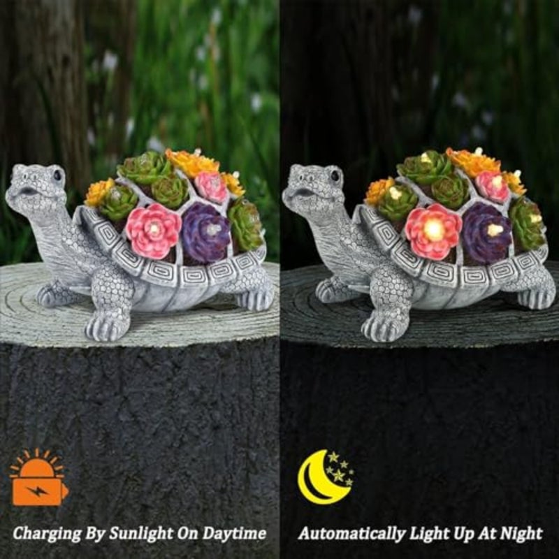 Turtle Garden Statue, Resin Turtle Figurine Garden Lawn Ornaments with Solar LED Lights for Outdoor Yard Garden Decorations, Grey - Image 5
