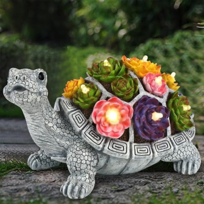 Turtle Garden Statue, Resin Turtle Figurine Garden Lawn Ornaments with Solar LED Lights for Outdoor Yard Garden Decorations, Grey - Image 1