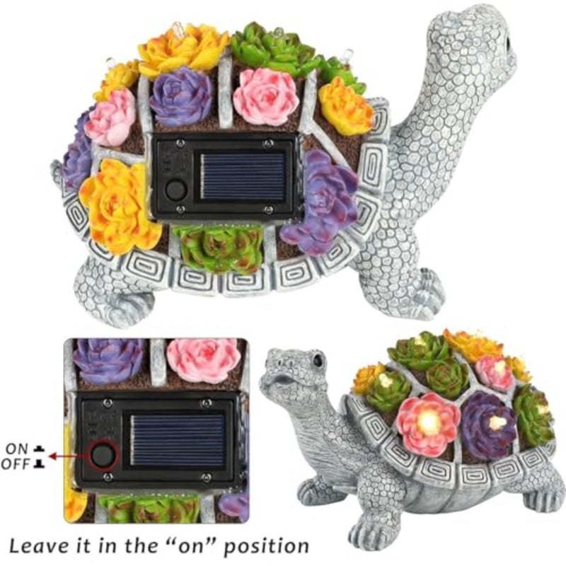 Turtle Garden Statue, Resin Turtle Figurine Garden Lawn Ornaments with Solar LED Lights for Outdoor Yard Garden Decorations, Grey - Image 4