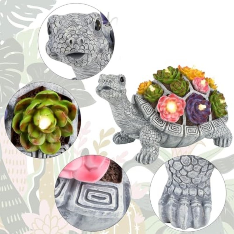 Turtle Garden Statue, Resin Turtle Figurine Garden Lawn Ornaments with Solar LED Lights for Outdoor Yard Garden Decorations, Grey - Image 3