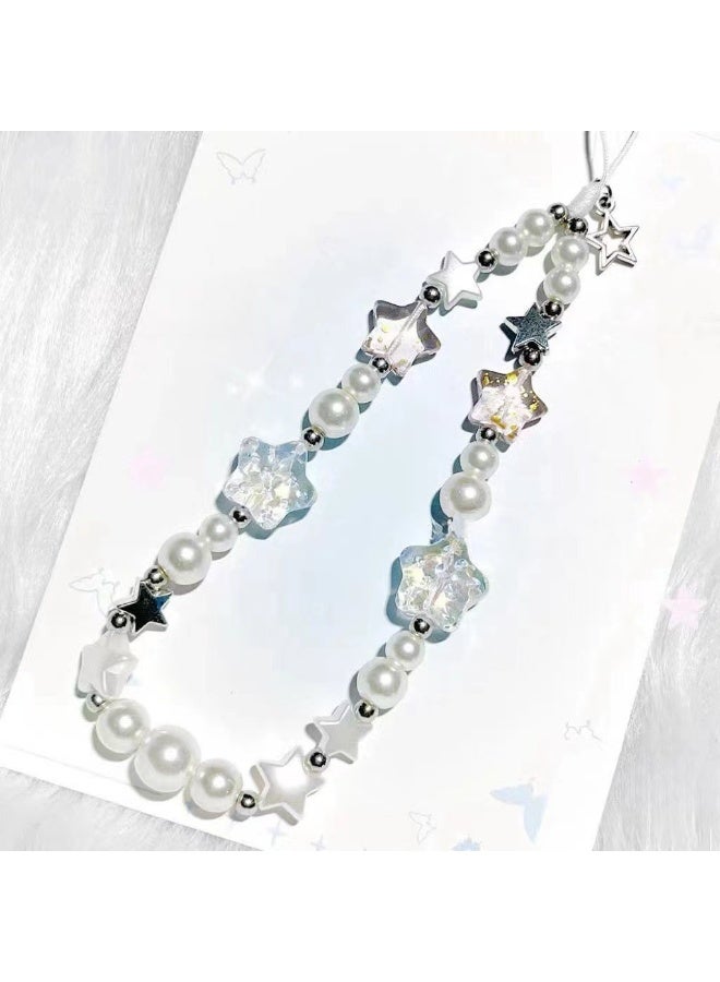 NIBEMINENT Beaded Phone Lanyard, Anti Lost Removable Wrist Strap, Pearl Star Bracelet Pendant, Phone Keychain Lanyard