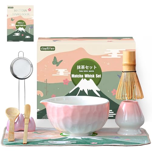 Clay&Fire ClayFire Matcha Whisk Set 9 pcs Ceramic Matcha Set Gifts for WomenMatcha Bowl with Spout and Whisk Matcha Kit for Matcha Lovers Ideal Gift Christmas Birthday AnniversaryPink Gradient Pink - Image 1