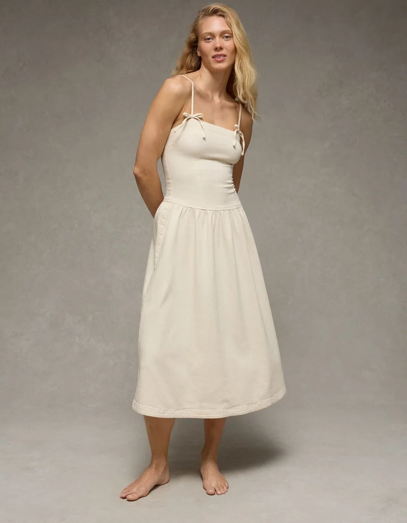 American Eagle  AE Denim Bow Strap Midi Dress for Women | Best Price UAE