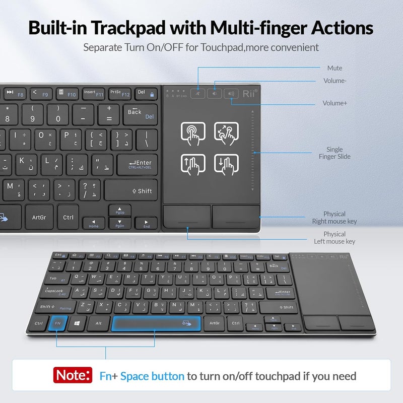 RII Wireless Keyboard with Trackpad,Dual Mode Bluetooth &Wireless Keyboard with Touchpad,Metal Board for PC,Laptop, Tablet,Windows,Androids (BT+2.4G) - Image 4
