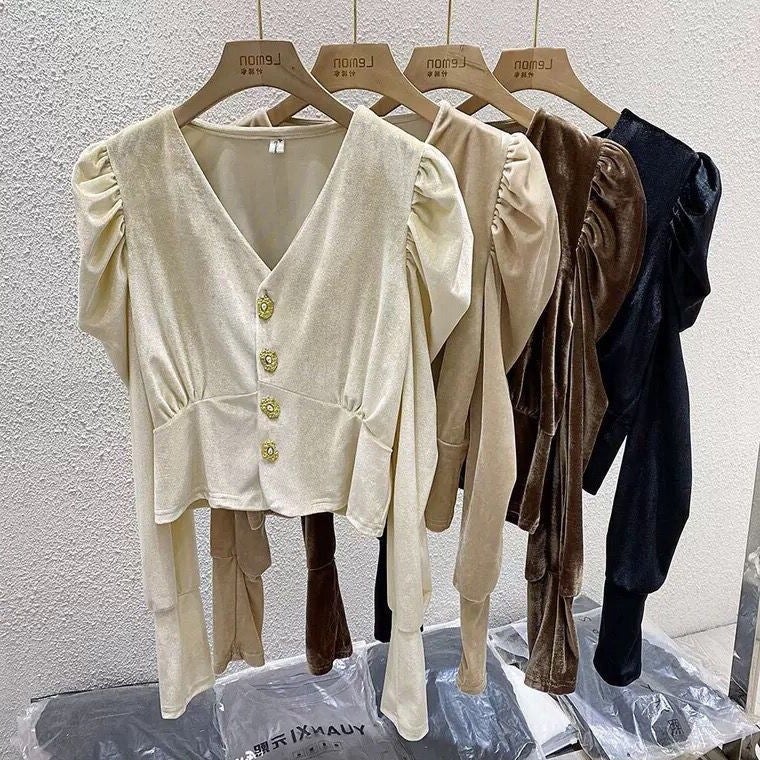 French Shirt Women'S Early Autumn Design Niche Short Gold Velvet Top Long Sleeve Collar Puff Sleeve Shirt - Image 3