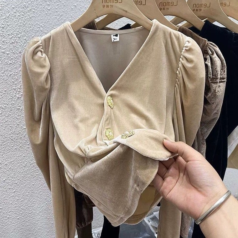 French Shirt Women'S Early Autumn Design Niche Short Gold Velvet Top Long Sleeve Collar Puff Sleeve Shirt - Image 5