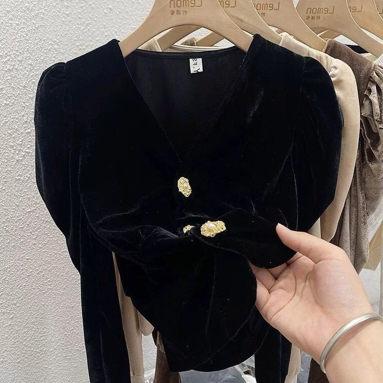 French Shirt Women'S Early Autumn Design Niche Short Gold Velvet Top Long Sleeve Collar Puff Sleeve Shirt - Image 2