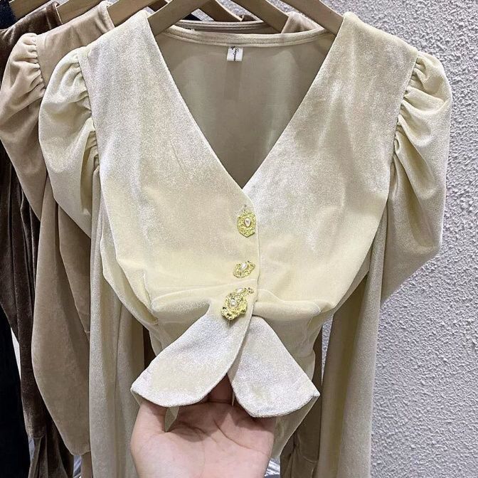 French Shirt Women'S Early Autumn Design Niche Short Gold Velvet Top Long Sleeve Collar Puff Sleeve Shirt - Image 1