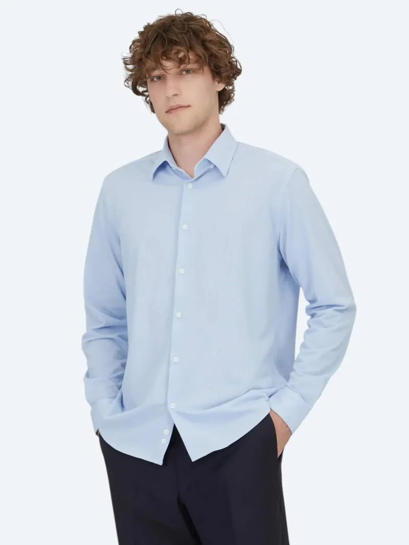 Kip Light Blue Regular Fit Knitting Casual Cotton Blended Shirt