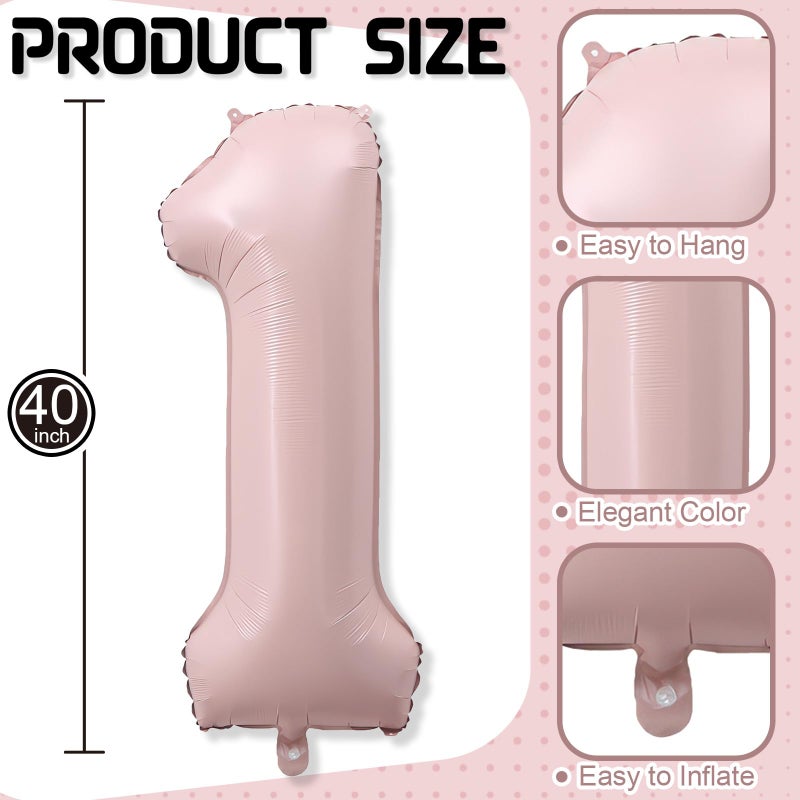 Froova Big Number 1 Balloons, Dusty Light Pink Foil 1 Balloon Numbers 40 Inch, Giant 1st Birthday Party Decor, Baby Blush Pink Mylar Helium One Balloon for Girls Baby Shower Anniversary Decorations - Image 2