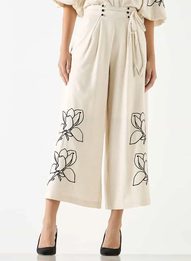 Iconic Iconic Embroidered Relaxed Fit Culottes with Pockets and Tie-Up Detail