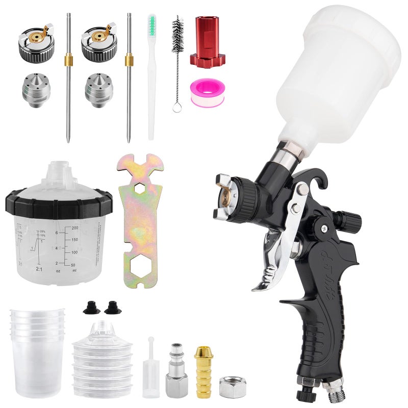 BENTOHKLE Mini HVLP Air Spray Gun with 0.8/1.0 mm Nozzles and 5pcs 200ML Disposable Paint Cups, 125 cc Cup Gravity Feed Air Paint Sprayer Touch UP Spray Gun for Car Furniture Painting, Detail Repair (Black) - Image 1