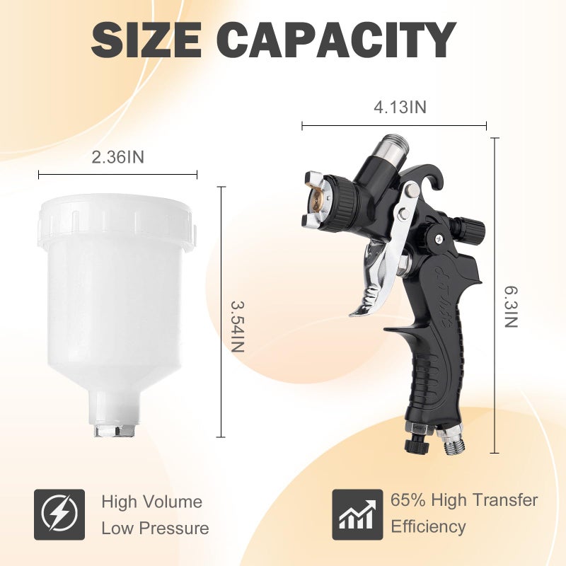BENTOHKLE Mini HVLP Air Spray Gun with 0.8/1.0 mm Nozzles and 5pcs 200ML Disposable Paint Cups, 125 cc Cup Gravity Feed Air Paint Sprayer Touch UP Spray Gun for Car Furniture Painting, Detail Repair (Black) - Image 2