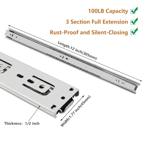 LONTAN Full Extension Ball Bearing Drawer Slides 8 10 12 14 16 18 20 22 24 Inch Heavy Duty Side Mount File Cabinet Rails Dresser Runner Kitchen Cabinet Drawer Glides 100 LB Capacity (12 inch,1 Pair) - Image 2