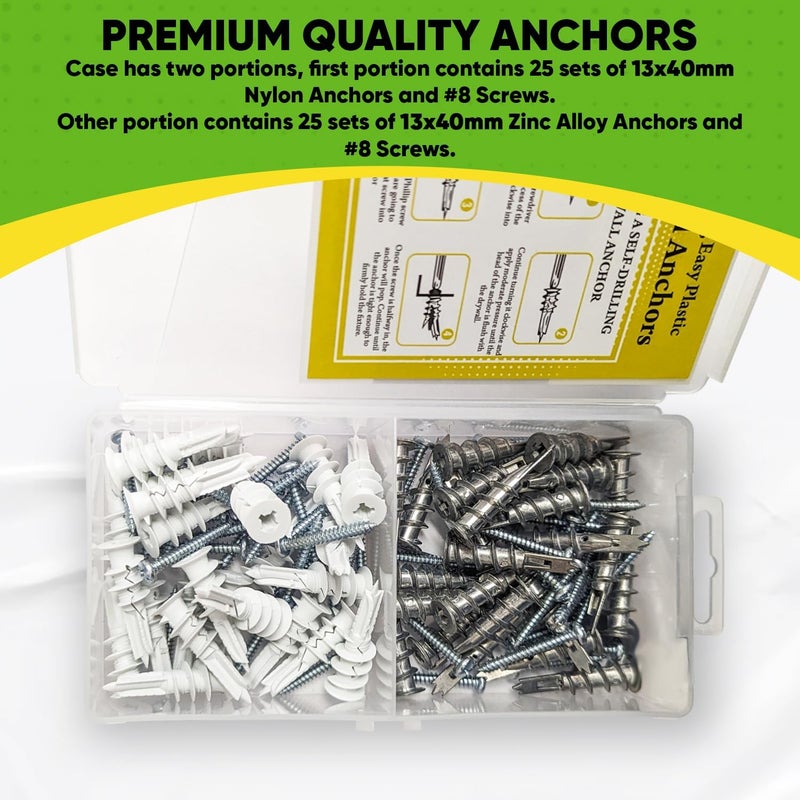 UNVERT Drywall Anchors Zinc Self-Drilling Wall Plastic Anchors for Drywall with Screw Kit, Includes 25 Large Plastic Anchors w/Fitting Phillip Screws, Hold up to 60 Lb. - Image 4