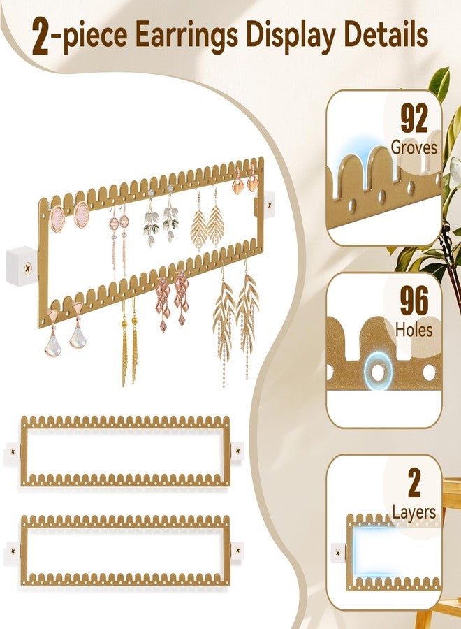 milylove 2 Tier Earring Holder Organizer Wall Mounted,2PCS Metal Earring Display Storage with 96 Holes and 92 Grooves Hanging Jewelry Organizer Tree for Stud/Hoop/Dangle Earrings Necklace（Gold） - Image 2