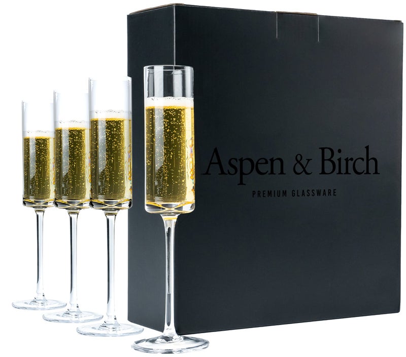 Aspen & Birch Aspen  Birch  Modern Champagne Flutes Set of 4  Champagne Glasses  Mimosa Glasses Premium Crystal Stemware Clear 6 oz Hand Blown Glass Champagne Flutes  Hand Crafted by Artisans