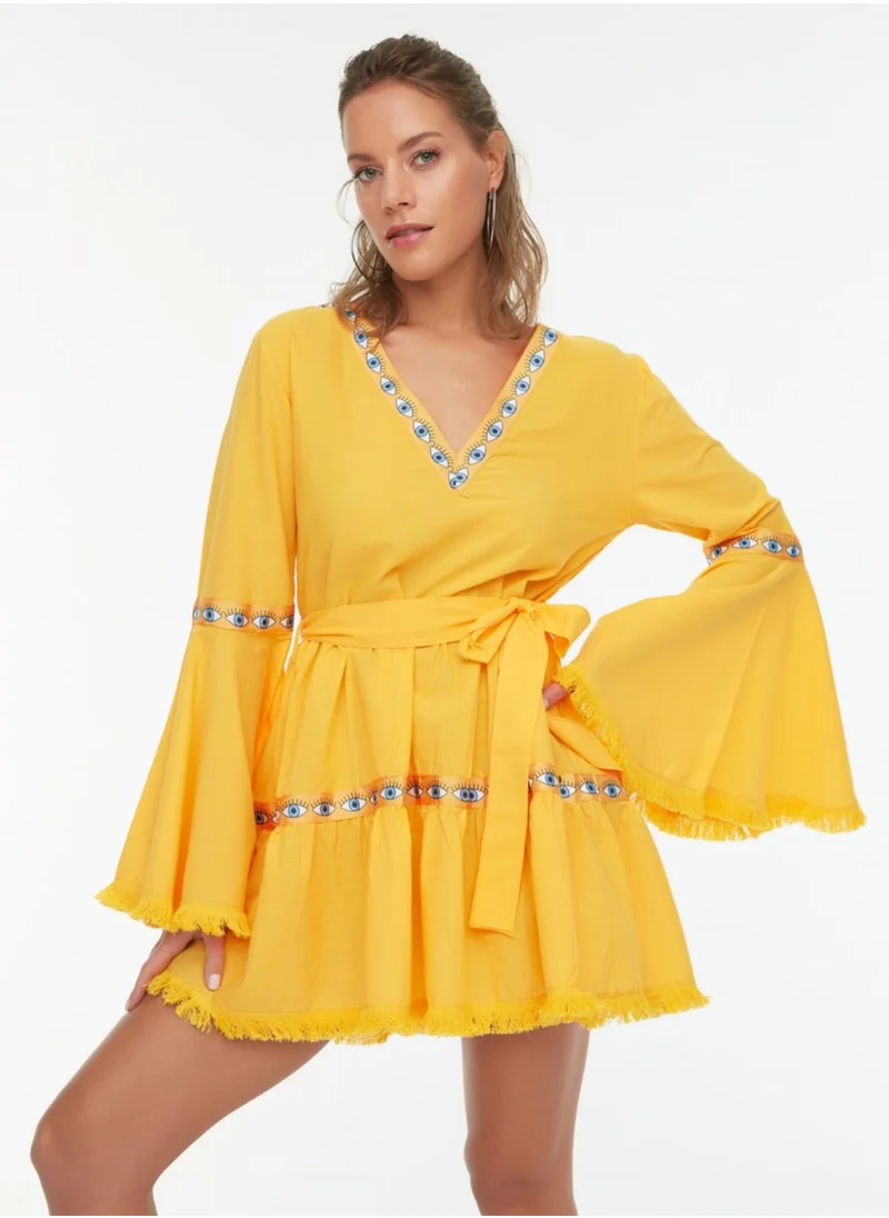 trendyol Angle Sleeve Lace Detail Tiered Dress