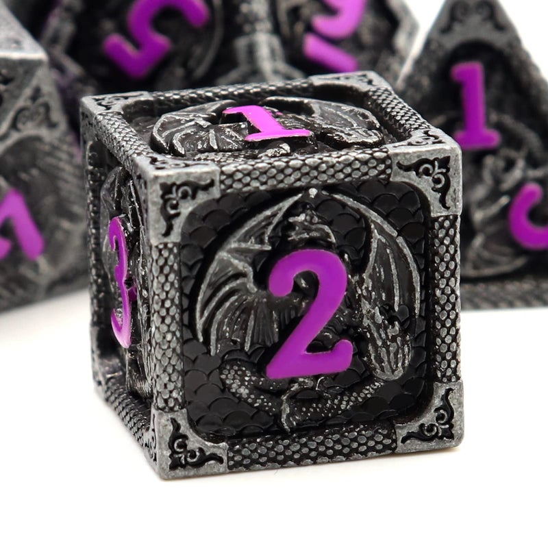 Haxtec Metal DND Dice Set Black Purple Dragon Pattern DD Dice Set with Leather Dice Bag Metal Polyhedral Dice Compatible with Dungeons and Dragons TTRPG Gifts - Image 3