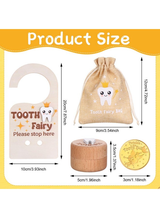 PartyYeah 1 Set/4Pcs Wooden Tooth Fairy Box Tooth Fairy Door Hanger Tooth Fairy Box with Storage Pouch Gold Foil Reward Coin Wooden Doorplate Toot-h Fairy Coin - Image 2