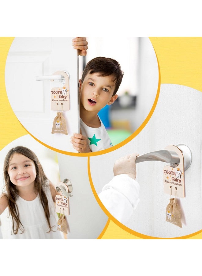 PartyYeah 1 Set/4Pcs Wooden Tooth Fairy Box Tooth Fairy Door Hanger Tooth Fairy Box with Storage Pouch Gold Foil Reward Coin Wooden Doorplate Toot-h Fairy Coin - Image 4