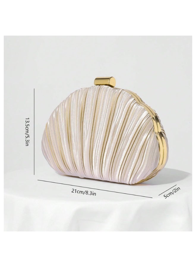 Shell Shaped Evening Clutch, Champagne Satin Pleated Design with Gold Hardware, Mini Crossbody Handbag with Chain, for Formal Events, Wedding, Party - Image 4