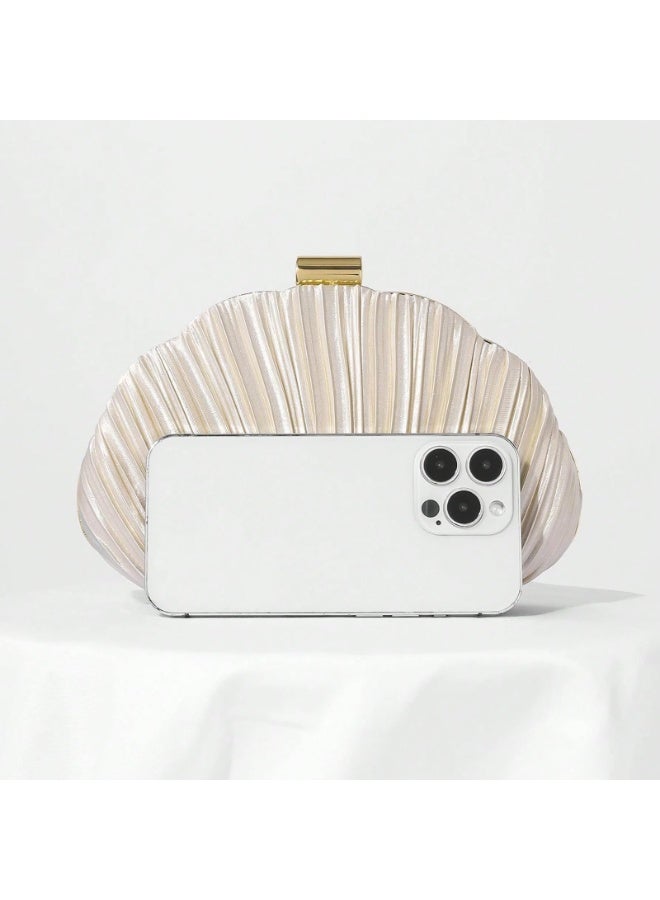 Shell Shaped Evening Clutch, Champagne Satin Pleated Design with Gold Hardware, Mini Crossbody Handbag with Chain, for Formal Events, Wedding, Party - Image 2