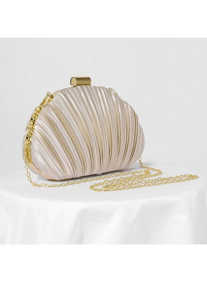 Shell Shaped Evening Clutch, Champagne Satin Pleated Design with Gold Hardware, Mini Crossbody Handbag with Chain, for Formal Events, Wedding, Party - Image 3