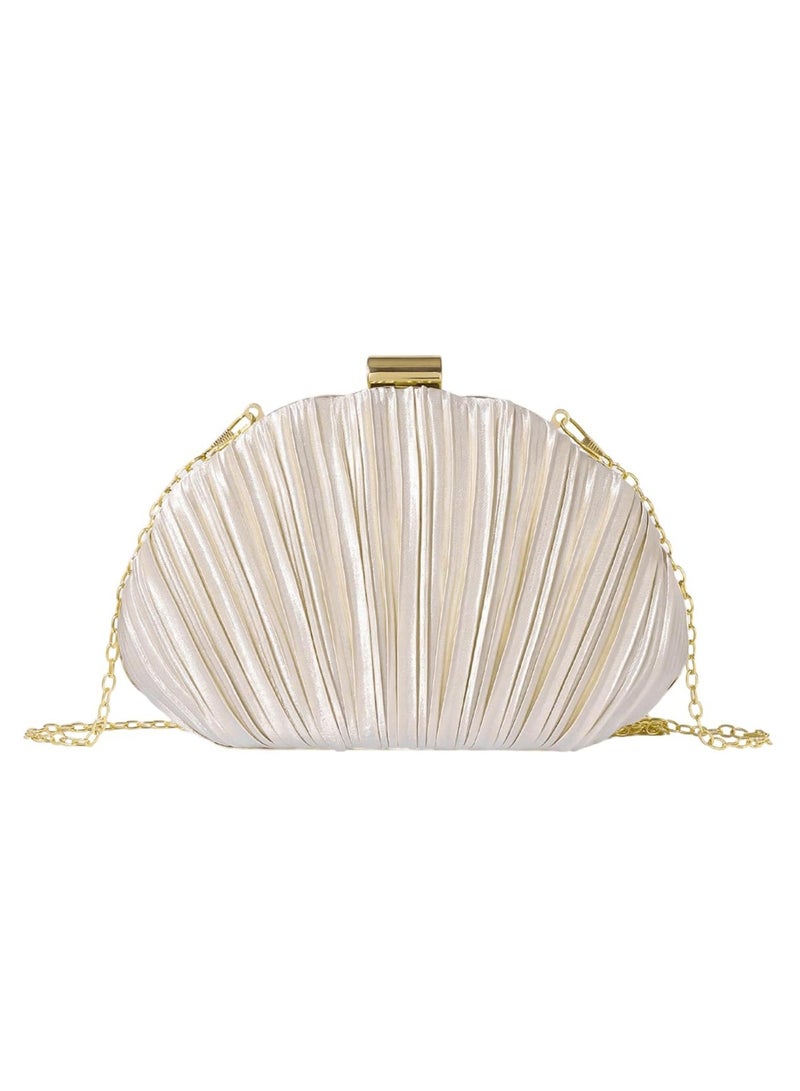 Shell Shaped Evening Clutch, Champagne Satin Pleated Design with Gold Hardware, Mini Crossbody Handbag with Chain, for Formal Events, Wedding, Party - Image 1