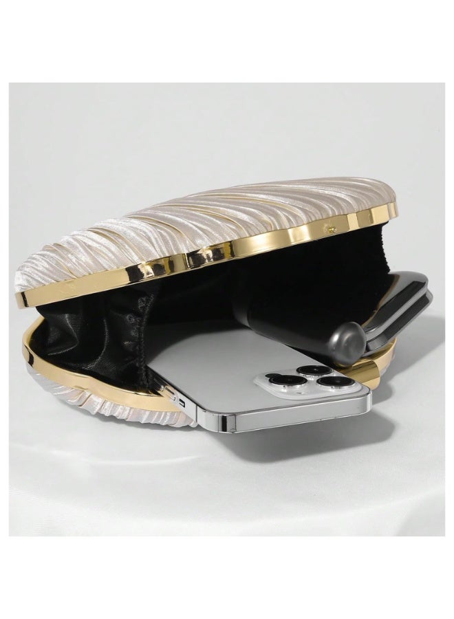 Shell Shaped Evening Clutch, Champagne Satin Pleated Design with Gold Hardware, Mini Crossbody Handbag with Chain, for Formal Events, Wedding, Party - Image 5