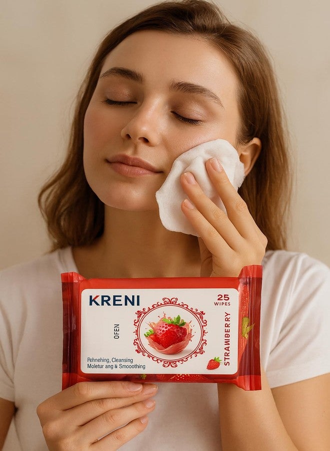 KRENI Clean & Glow Makeup Remover Wipes Pack of 3 (25 Sheets Each) - Cleansing & Hydrating Facial Wipes for Instant Face Cleaning, Soft & Fresh Skin, Glowing Beauty Wet Wipes for All Skin Types (STRAWBERRY, pack of 3) - Image 3